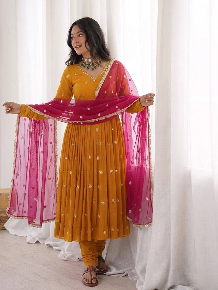 Mustard yellow Designer Faux Georgette Embroidered Gown With Dupatta Set