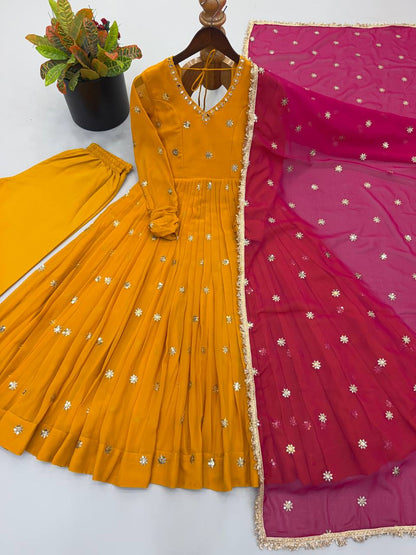 Mustard yellow Designer Faux Georgette Embroidered Gown With Dupatta Set
