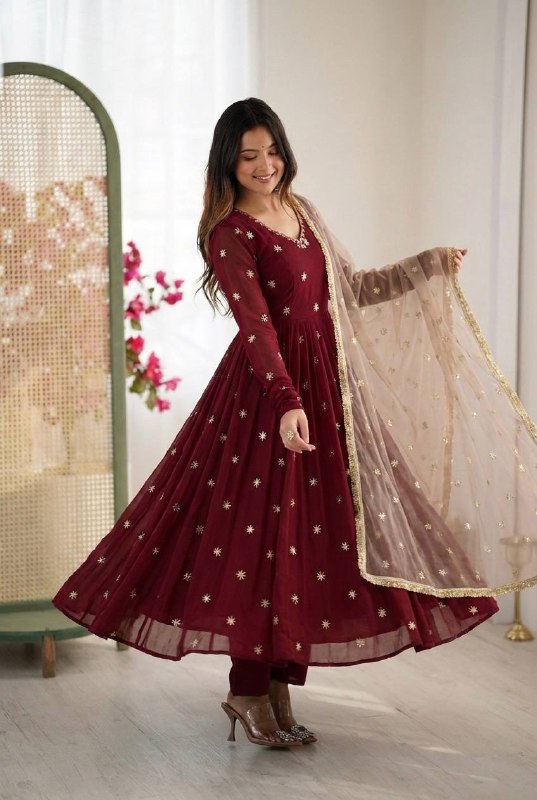 Maroon Designer Faux Georgette Embroidered Gown With Dupatta Set
