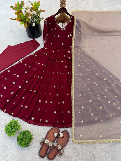 Maroon Designer Faux Georgette Embroidered Gown With Dupatta Set