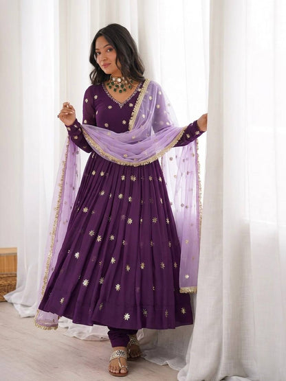 Deep plum purple Designer Faux Georgette Embroidered Gown With Dupatta Set