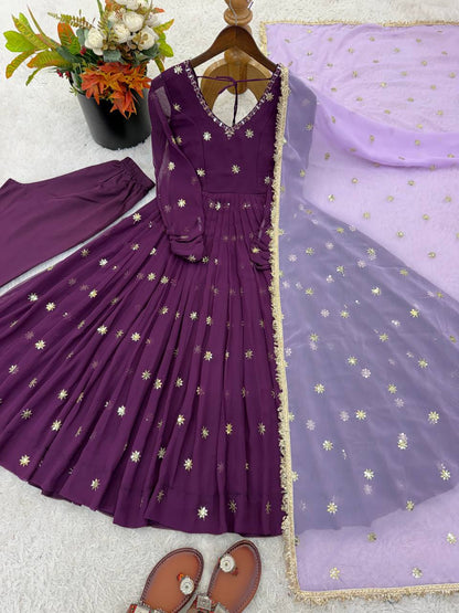 Deep plum purple Designer Faux Georgette Embroidered Gown With Dupatta Set