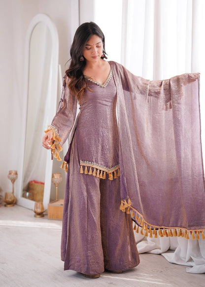 Muted lavender-purple Doremon Crush Mirror Work Lace Border Ethnic Wear Set