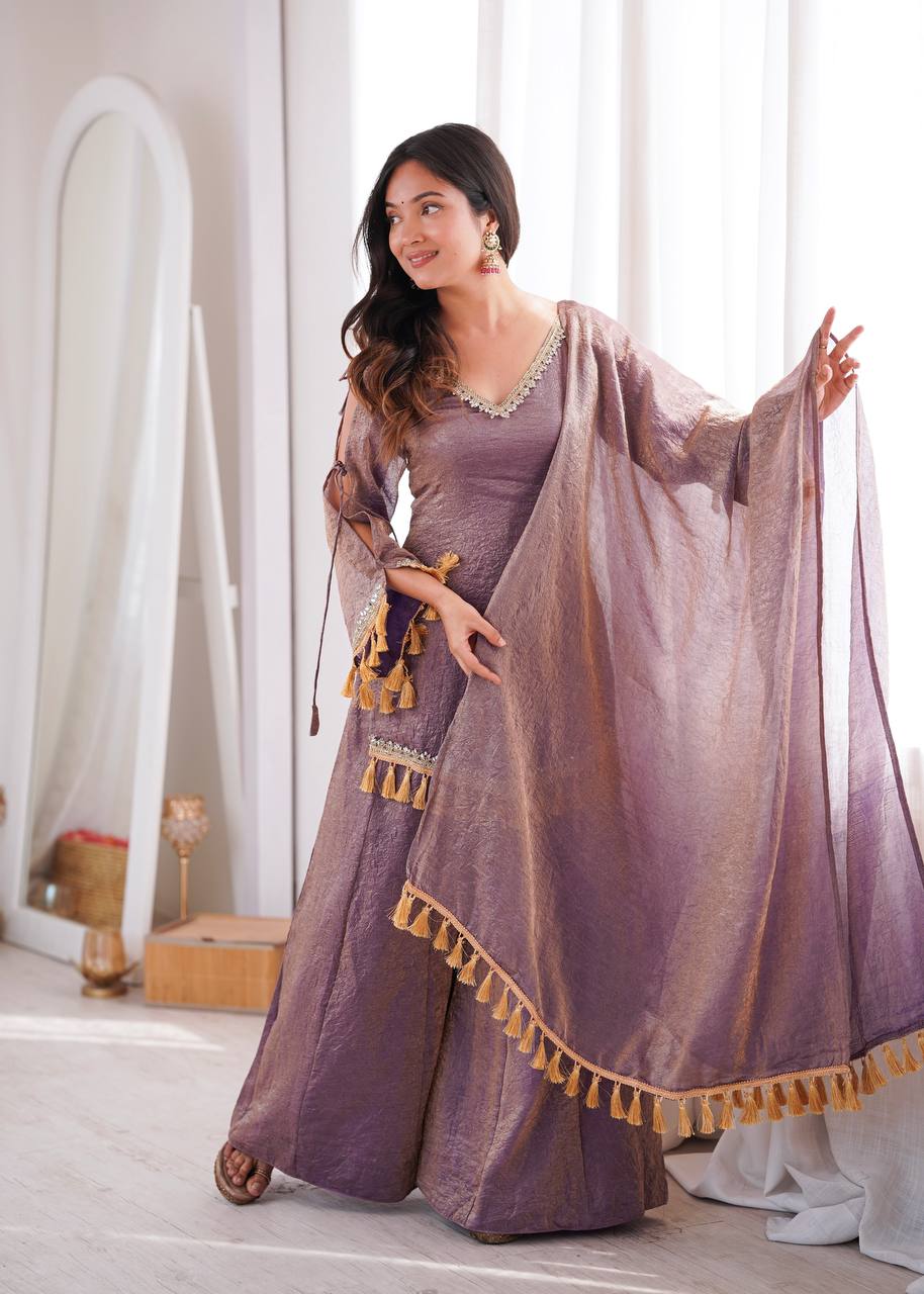 Muted lavender-purple Doremon Crush Mirror Work Lace Border Ethnic Wear Set