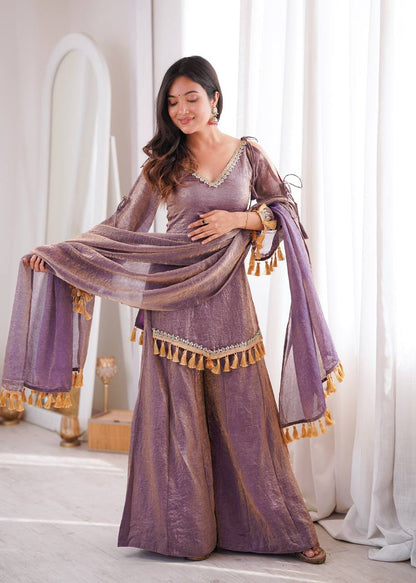 Muted lavender-purple Doremon Crush Mirror Work Lace Border Ethnic Wear Set
