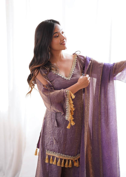 Muted lavender-purple Doremon Crush Mirror Work Lace Border Ethnic Wear Set