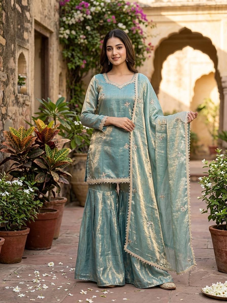 Sage Green Fendy Silk Embroidery Sequence Mirror Work Sharara Set