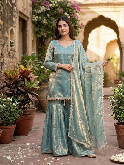 Sage Green Fendy Silk Embroidery Sequence Mirror Work Sharara Set