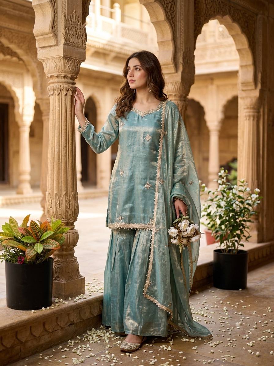 Sage Green Fendy Silk Embroidery Sequence Mirror Work Sharara Set