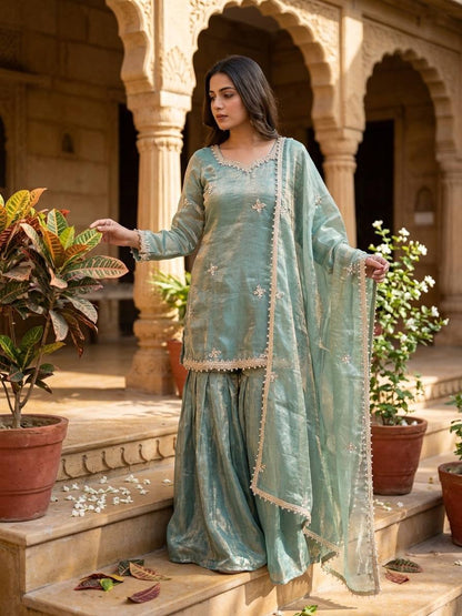 Sage Green Fendy Silk Embroidery Sequence Mirror Work Sharara Set