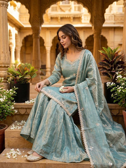 Sage Green Fendy Silk Embroidery Sequence Mirror Work Sharara Set
