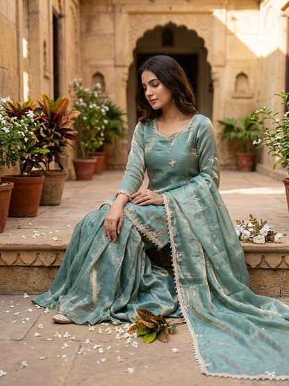 Sage Green Fendy Silk Embroidery Sequence Mirror Work Sharara Set