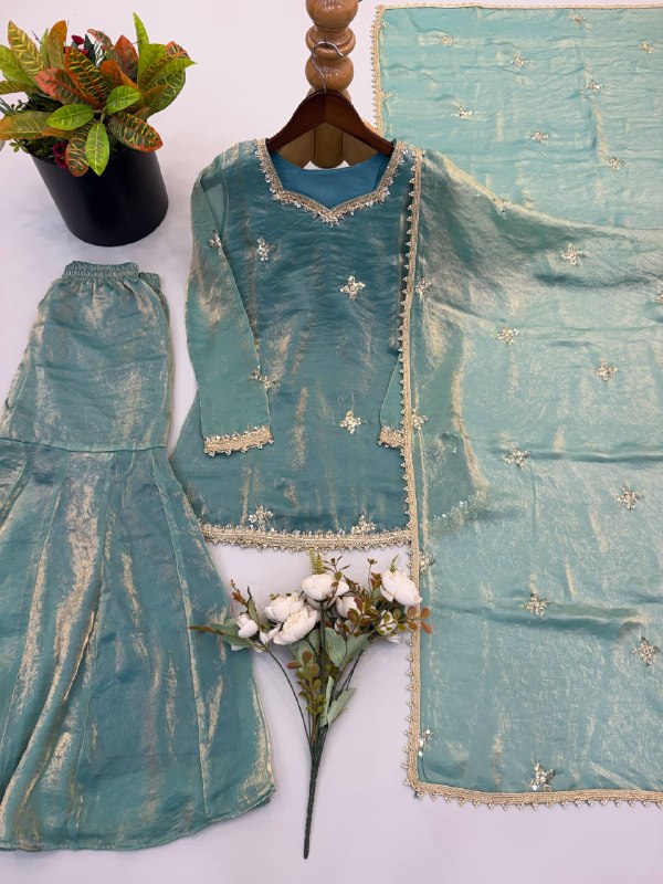 Sage Green Fendy Silk Embroidery Sequence Mirror Work Sharara Set