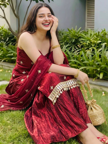 Maroon Reshma Premium Fendy Silk Mirror Work Plazo Suit Set