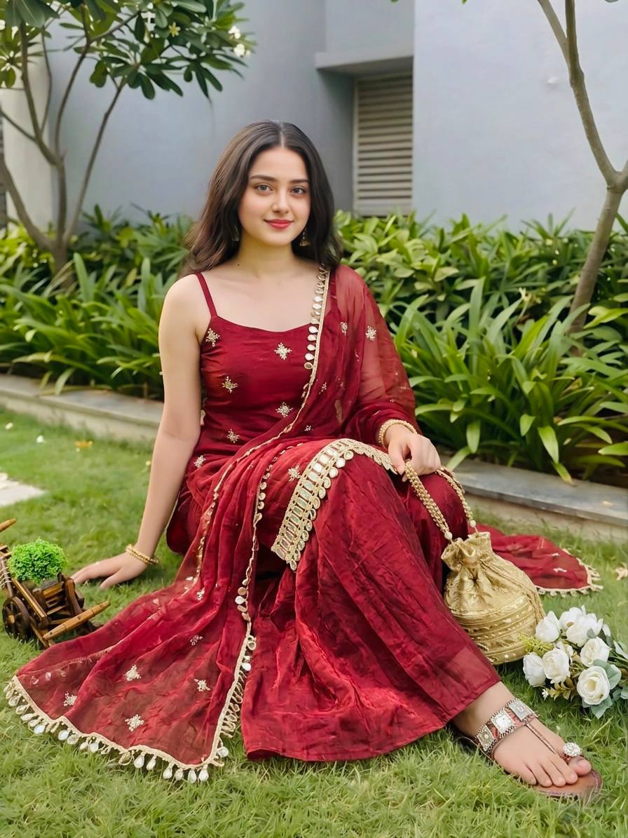 Maroon Reshma Premium Fendy Silk Mirror Work Plazo Suit Set