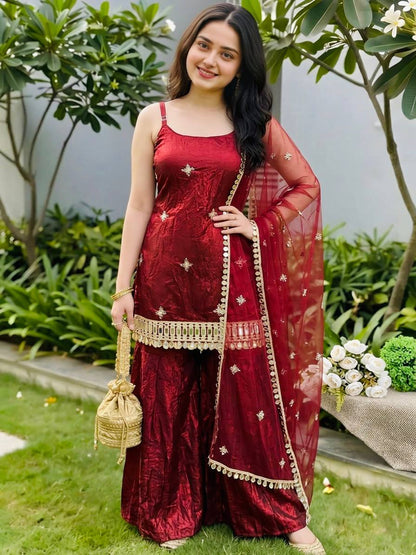 Maroon Reshma Premium Fendy Silk Mirror Work Plazo Suit Set