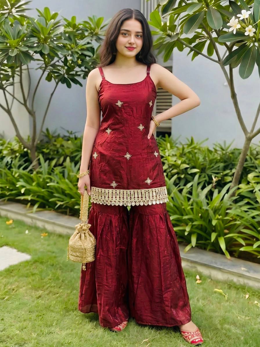 Maroon Reshma Premium Fendy Silk Mirror Work Plazo Suit Set