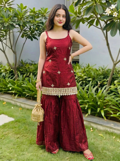 Maroon Reshma Premium Fendy Silk Mirror Work Plazo Suit Set