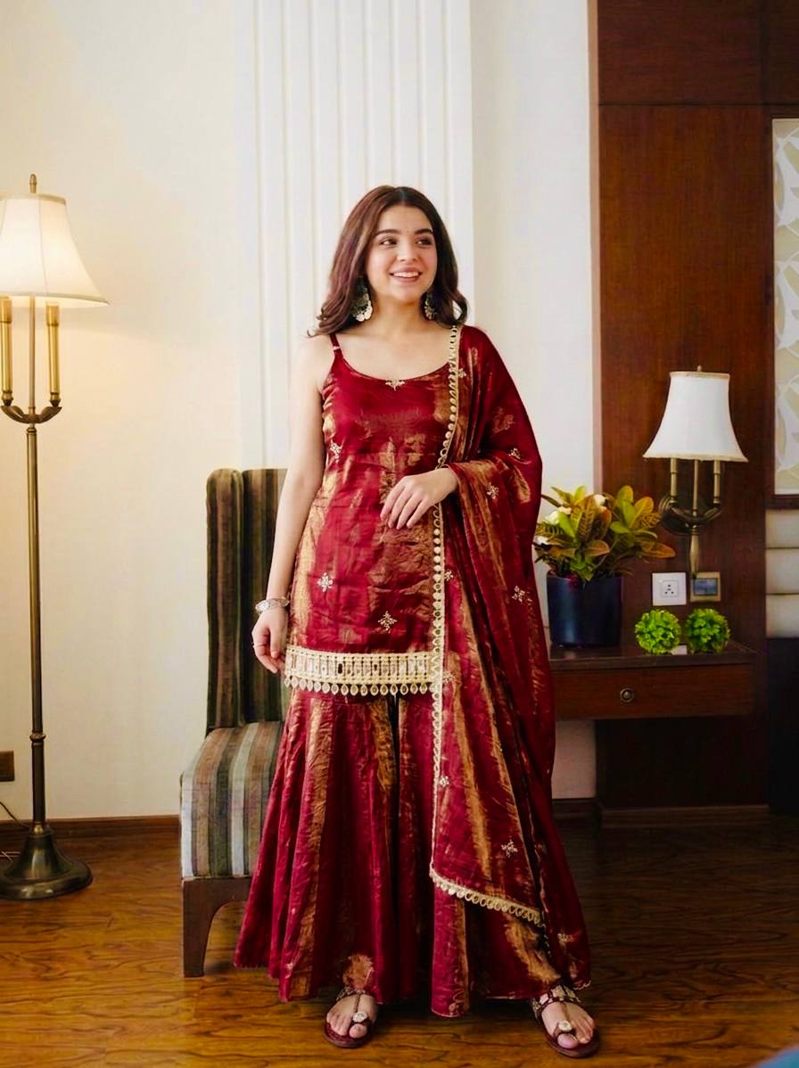 Maroon Reshma Premium Fendy Silk Mirror Work Plazo Suit Set