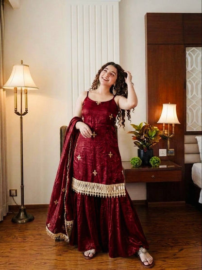 Maroon Reshma Premium Fendy Silk Mirror Work Plazo Suit Set