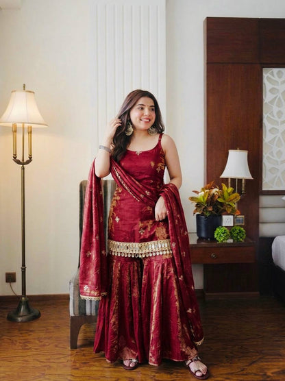 Maroon Reshma Premium Fendy Silk Mirror Work Plazo Suit Set