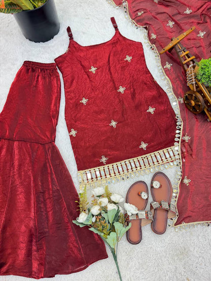 Maroon Reshma Premium Fendy Silk Mirror Work Plazo Suit Set