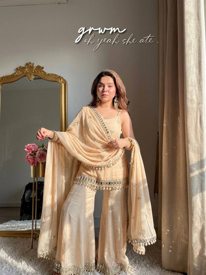 Light Beige Fendy Silk Mirror Work Embroidered Sharara Plazzo Set