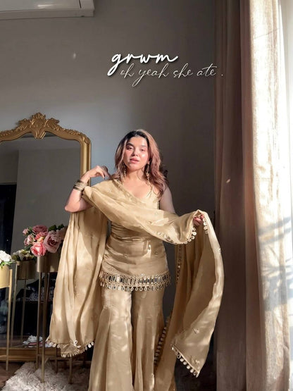 Light Beige Fendy Silk Mirror Work Embroidered Sharara Plazzo Set
