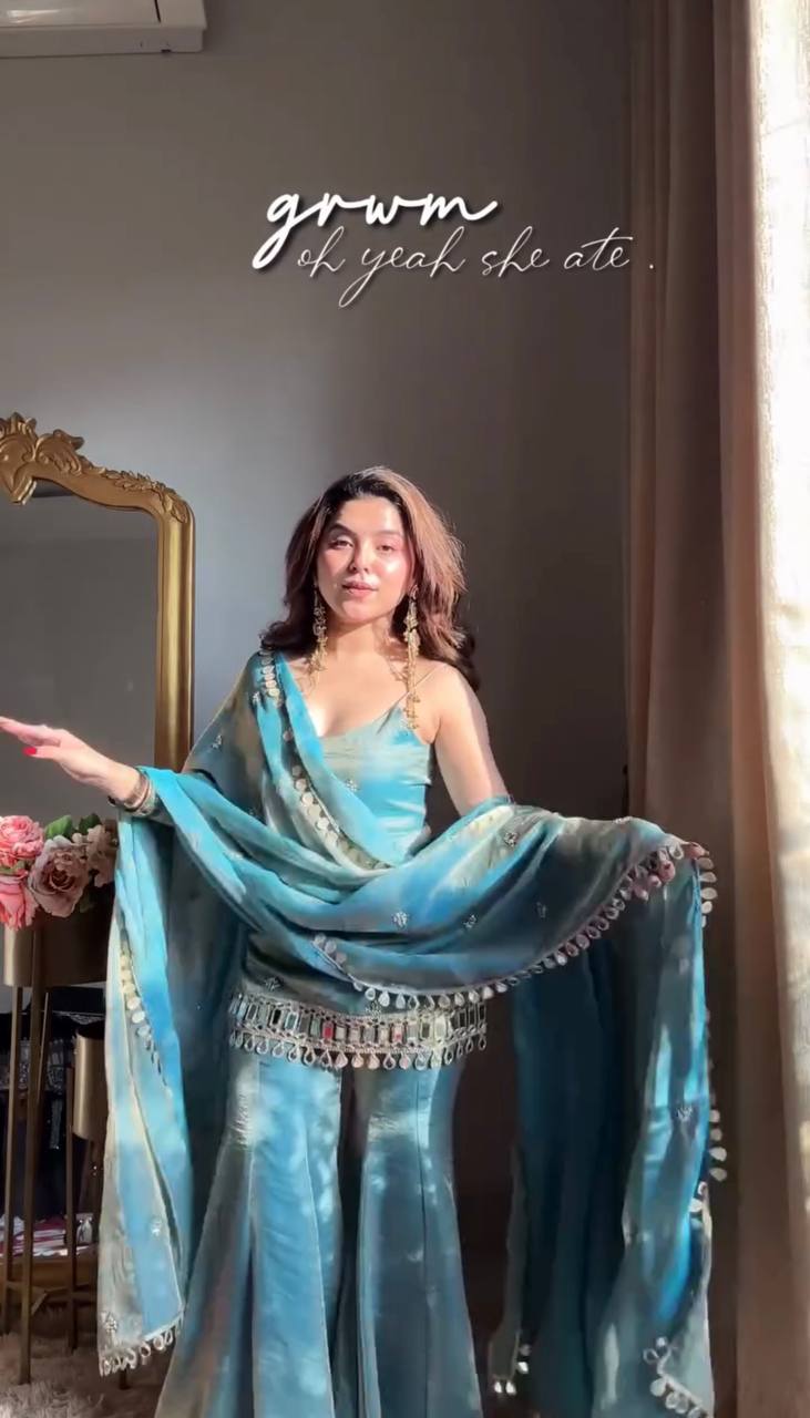 Turquoise Blue Fendy Silk Mirror Work Embroidered Sharara Plazzo Set