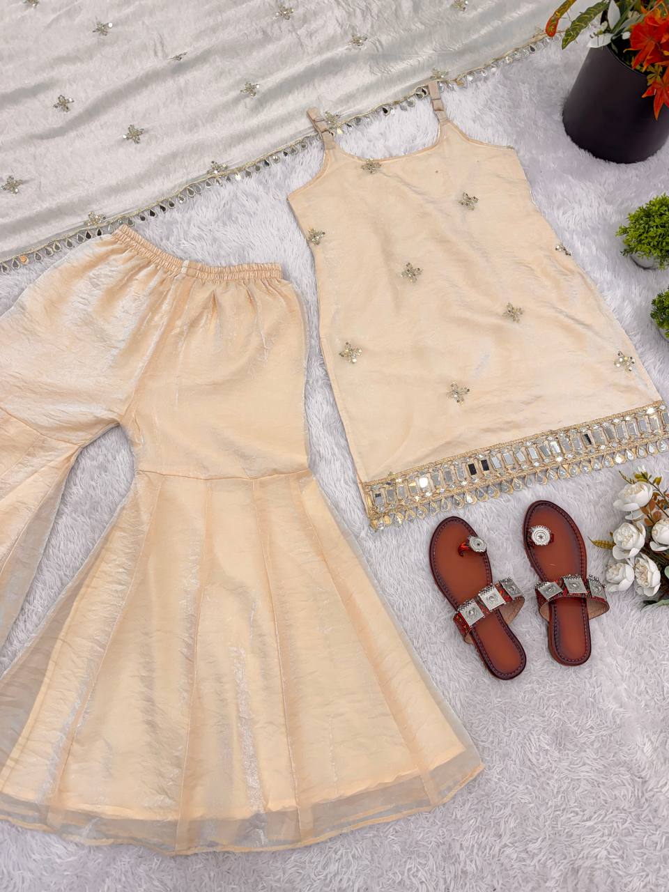 Light Beige Fendy Silk Mirror Work Embroidered Sharara Plazzo Set
