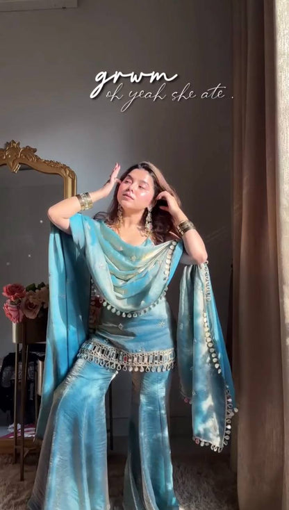 Turquoise Blue Fendy Silk Mirror Work Embroidered Sharara Plazzo Set