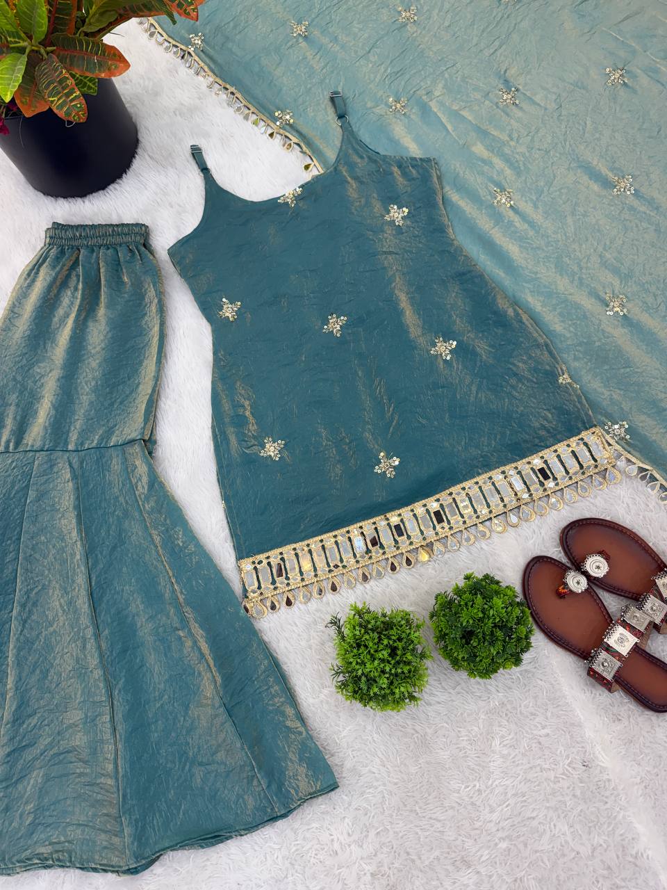 Turquoise Blue Fendy Silk Mirror Work Embroidered Sharara Plazzo Set