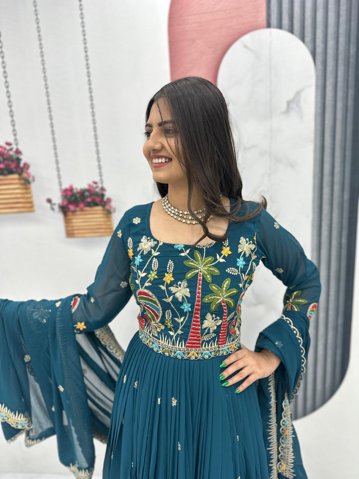 Heavy Embroidered Fox Georgette Festive Gown With Dupatta
