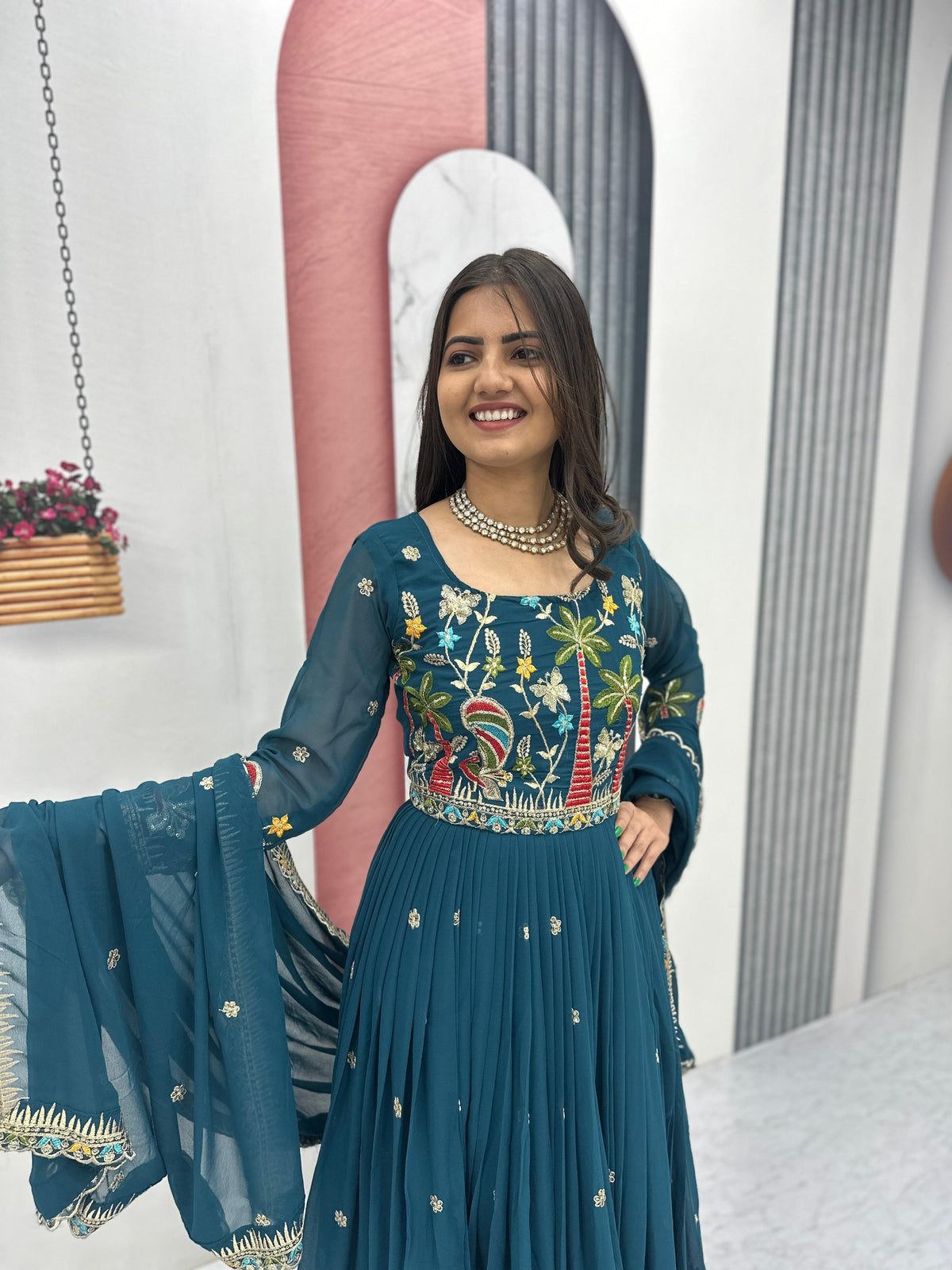 Heavy Embroidered Fox Georgette Festive Gown With Dupatta