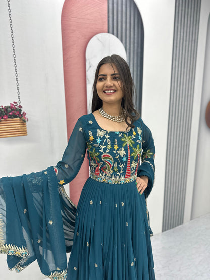 Heavy Embroidered Fox Georgette Festive Gown With Dupatta