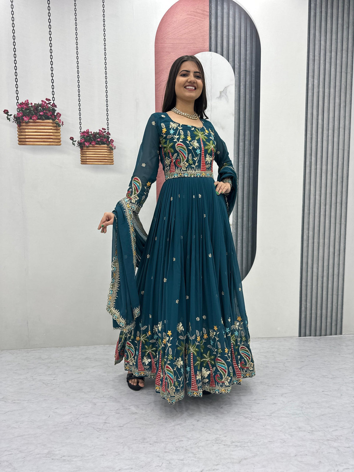 Heavy Embroidered Fox Georgette Festive Gown With Dupatta