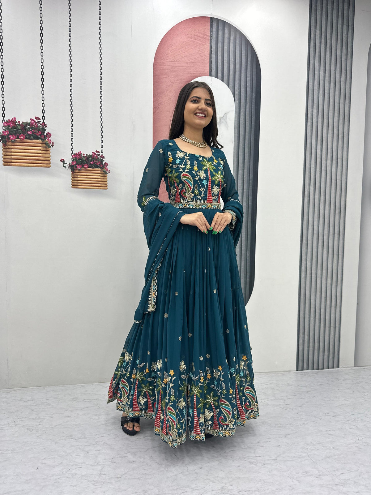 Heavy Embroidered Fox Georgette Festive Gown With Dupatta