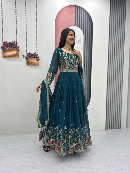 Heavy Embroidered Fox Georgette Festive Gown With Dupatta
