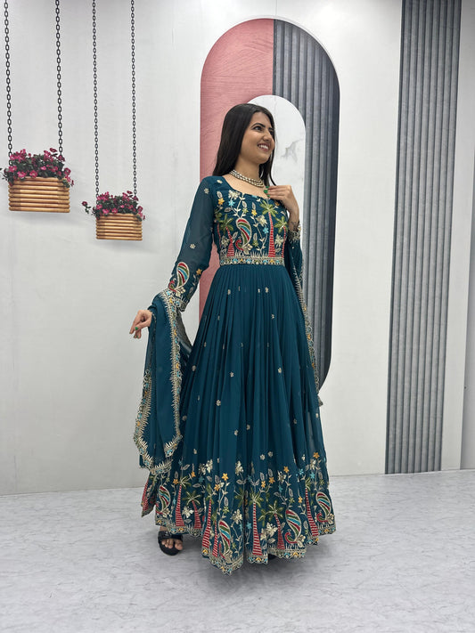 Heavy Embroidered Fox Georgette Festive Gown With Dupatta