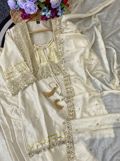 White Premium Chinon Embroidery Coding Sequence Work Palazzo Set