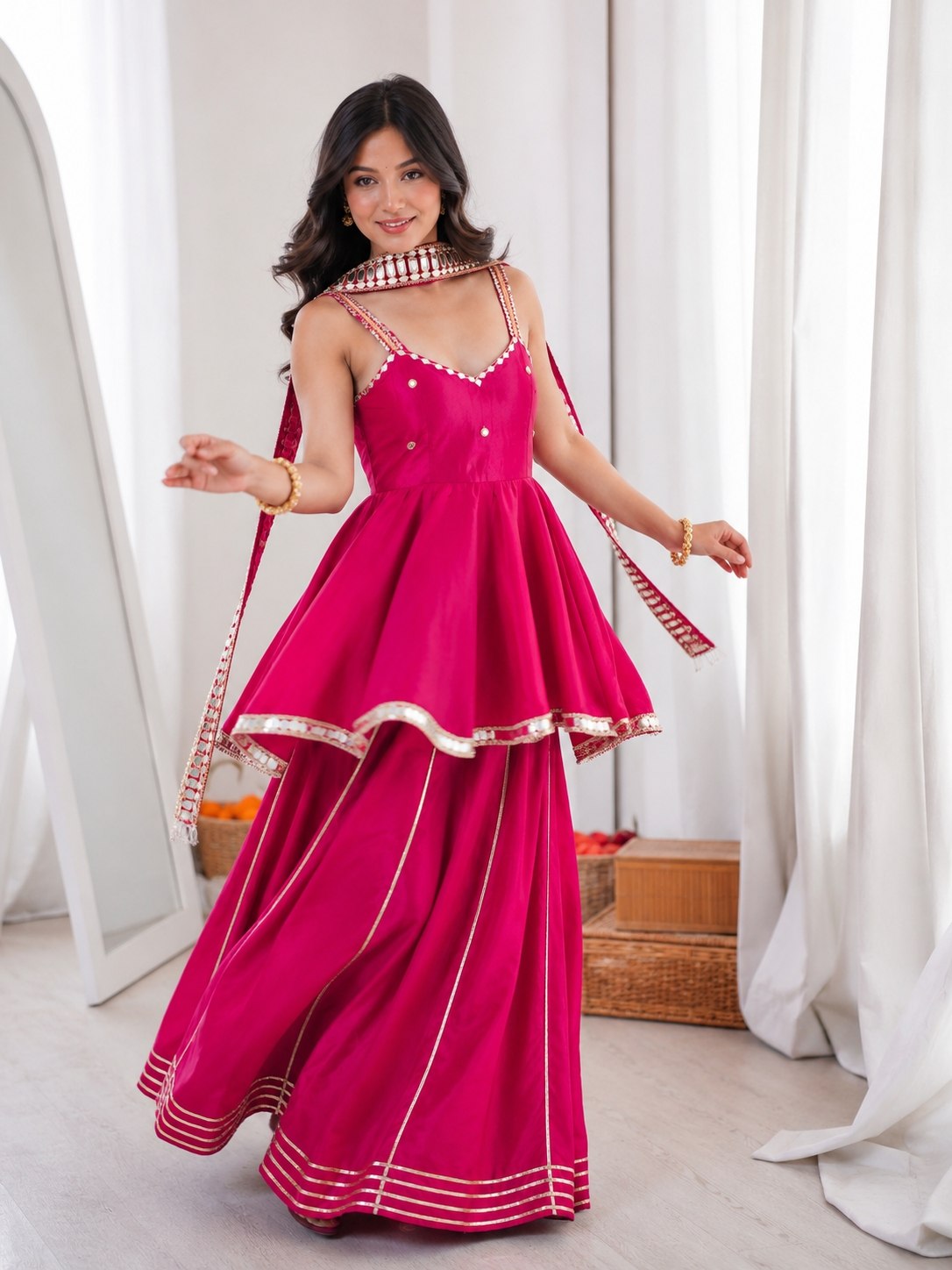 Rani Pink Soft Chinon Original Mirror Work Palazzo Suit Set