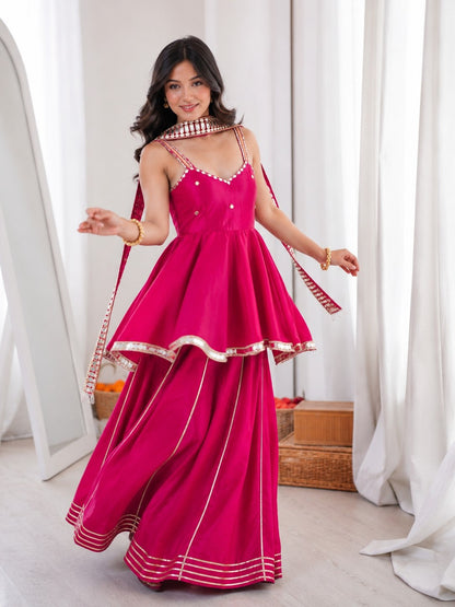 Rani Pink Soft Chinon Original Mirror Work Palazzo Suit Set