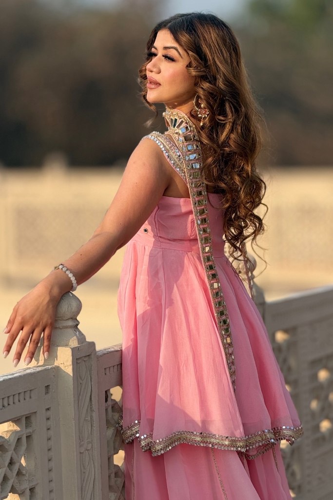 Baby pink Soft Chinon Original Mirror Work Palazzo Suit Set