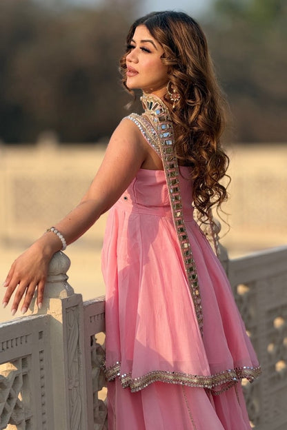 Baby pink Soft Chinon Original Mirror Work Palazzo Suit Set