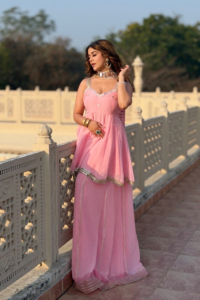 Baby pink Soft Chinon Original Mirror Work Palazzo Suit Set