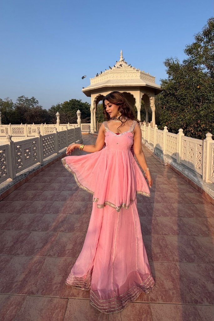 Baby pink Soft Chinon Original Mirror Work Palazzo Suit Set
