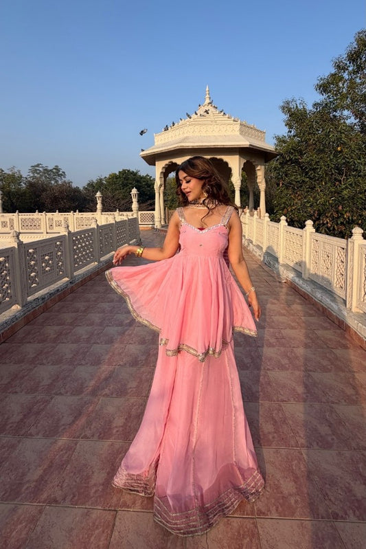 Baby pink Soft Chinon Original Mirror Work Palazzo Suit Set