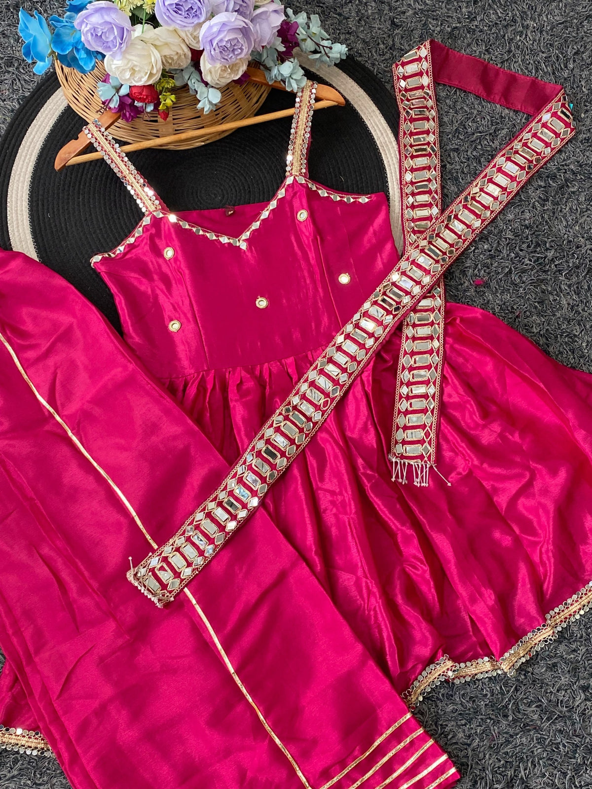 Rani Pink Soft Chinon Original Mirror Work Palazzo Suit Set