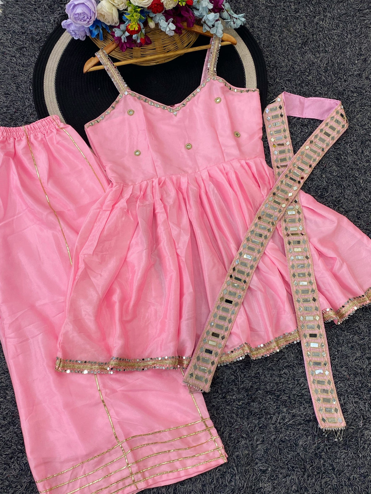 Baby pink Soft Chinon Original Mirror Work Palazzo Suit Set
