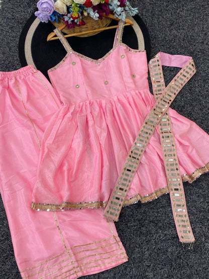 Baby pink Soft Chinon Original Mirror Work Palazzo Suit Set
